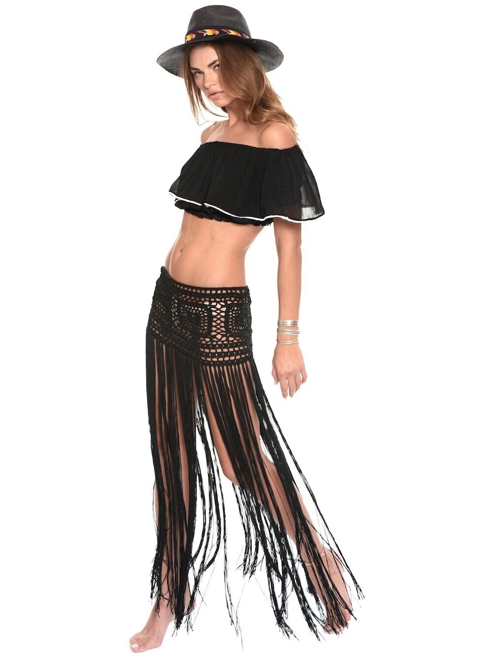 Muche et Muchette Javiera Hand Crochet Mini Skirt With Long Fringe In Black O/S